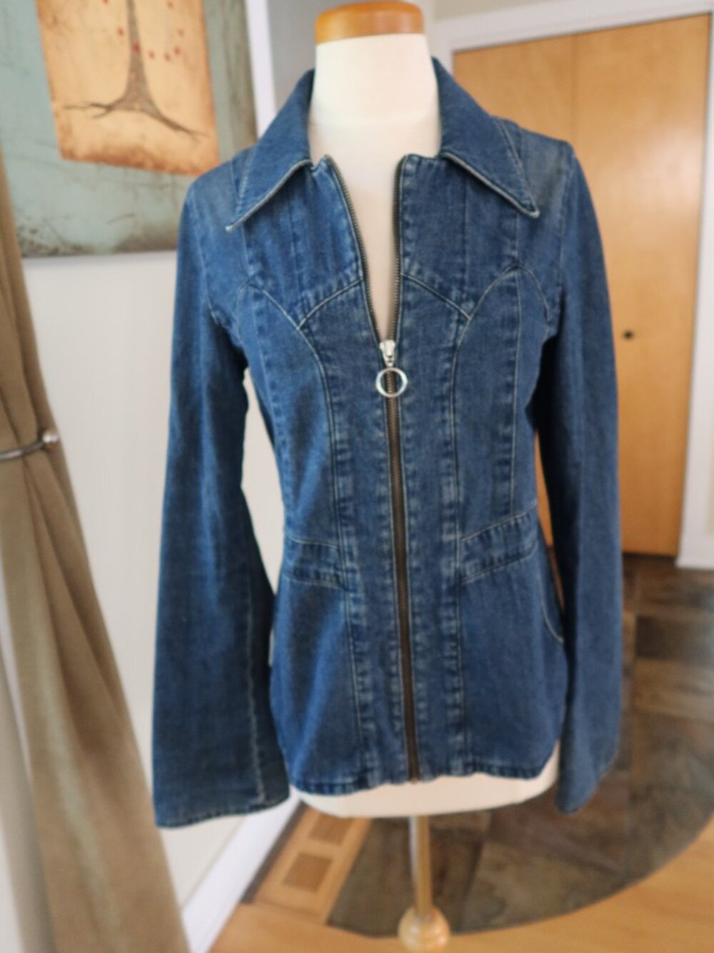 Henry Duarte LA denim jean jacket front zipper silver circle flared sleeves Y2K